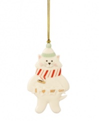 Deck the tree with your favorite feline this Christmas. This precious porcelain kitty is painted with a candy cane striped scarf and finished with gold detailing. Qualifies for Rebate