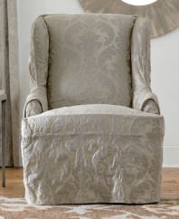 Ripe and ready for spring, the Matelasse Damask wing chair slipcover presents a fresh damask design for your furniture. Rounded arms with extra-thick cording and a straight skirt make this slipcover compatible with any style furniture, from slim-lined to camel back.