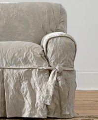Ripe and ready for spring, the Matelasse Damask slipcover collection presents a fresh damask design for your furniture. Rounded arms with extra-thick cording and a straight skirt with four sets of ties make this slipcover sturdy and compatible with any style furniture, from slim-lined to camel back.