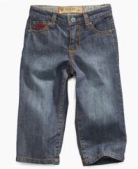 Prepare him for some serious playtime in these adorable, comfy jeans from Guess.