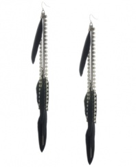 Sleek and sophisticated. A long, linear chain design complemented by feather accents lends a chic, contemporary look to these Haskell earrings. Set in hematite tone mixed metal. Approximate drop: 8 inches.