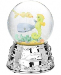 Whisk kids off on a magical – and musical! – underwater adventure with the Reed & Barton SeaTails snow globe. Embossed fish in silver plate get along swimmingly with colorful creatures in the globe itself, making a big splash in any child's bedroom.