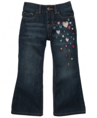 Decorate her sweetly. Dainty embroidered hearts on the pant of these jeans from Osh Kosh are cute details to complement her look.