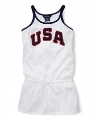 A red, white and blue design with USA patching gives a preppy, all-American look to a pretty warm-weather romper in celebration of Team USA's participation in the 2012 Olympics.