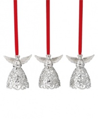 With the words Peace, Hope and Love engraved in their silver filigree skirts, these lovely angels from Lenox remind us what the season's all about.