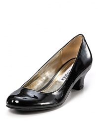 The season's ladylike essential, these Steve Madden pumps boast a sleek patent upper and a diminutive kitten heel.