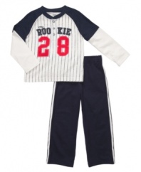 When it's time to get him ready just grab this cute shirt and pant set from Carters for a fun, fast solution.