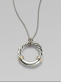 From the Metro Collection. A sleek, sophisticated circle, combining smooth and cabled sterling silver with accents of 18k gold, hangs from a richly textured silver chain and bale. Sterling silver and 18k yellow gold Chain length, about 18 Pendant diameter, about 1¼ Spring ring clasp Imported