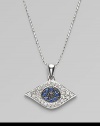 The iconic symbol of protection, in 14k white gold with black and white pavé diamonds and blue sapphires, on a white gold ball chain. Diamonds, 0.26, tcw Sapphires 14k white gold Chain length, about 16 Pendant width, about ½ Lobster clasp Imported