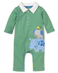 A picture-perfect romper from Kitestrings by Hartstrings, it's all about singing stripes, delightful animal appliques and a proper polo collar and placket.