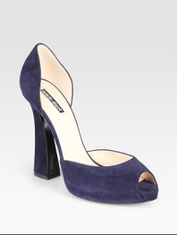 An architectural heel adds curve appeal to this low-cut suede design with a timeless peep toe. Self-covered heel, 4½ (115mm)Covered platform, ½ (15mm)Compares to a 4 heel (100mm)Suede upperPeep toeLeather lining and solePadded insoleMade in ItalyOUR FIT MODEL RECOMMENDS ordering one half size up as this style runs small. 