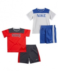 Start his sports style early with one of these comfortable shirt and short sets from Nike.