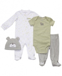 Bear hugs are the best. Everyone will want to get their hands on your little guy when he's in this 4-piece coverall, bodysuit, pant and hat set from Carter's.