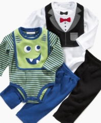Dress him up for anytime fun in one of these darling bodysuit, pant and bib 3-piece sets from First Impressions.