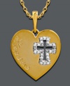 Show a whole new appreciate for your faith. Mi Joya Divina's heart-shaped pendant stuns with a round-cut diamond (1/10 ct. t.w.) cut-out cross accent. Set in 14k gold. Approximate length: 18 inches. Approximate drop length: 1 inch. Approximate drop width: 3/4 inch.