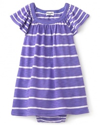 Flutter sleeves and wide stripes lend this dress fresh flair. The attached bodysuit keeps it practical.