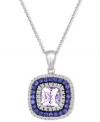 Shimmering and resplendent. Le Vian's exquisite cushion-cut pendant features rows of round-cut amethyst (1-5/8 ct. t.w.), diamond (1/3 ct. t.w.) and sapphire (1/2 ct. t.w.) in 14k white gold. Approximate length: 18 inches. Approximate drop: 3/4 inch.