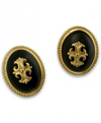 A modern design with heirloom appeal. T Tahari's shield stud earrings set the mood with jet resin and cabochon beads. Crafted in 14k gold-plated mixed metal. Nickel-free for sensitive skin. Approximate diameter: 1/2 inch.