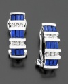 Bright and beautiful. These earrings feature three rows of baguette-cut sapphires (1-1/2 ct. t.w.) intersected by sparkling round-cut diamonds (1/8 ct. t.w.) for an elegant look set in 14k white gold. Length measures 1/2 inch.