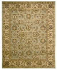 For the Jaipur collection Nourison uses a unique herbal wash to create the silky sheen and antique appearance of these fine wool rugs. In a delicate seafoam hue with an ornate medallion and bloom motif, the rug enhances your home with lavishly elegant style.