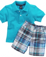 Get him prepped and ready in no time with this sweet, stylish polo shirt and short set from Nautica.