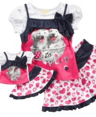 Puppy love. She'll be as cute as the characters on her shirt and have double the fun with her matching doll in this skirt and shirt set from Sweet Heart Rose. (Clearance)