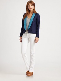 Elegantly tailored in a cropped single-button design that boasts a shapely satin shawl collar.Deep V necklineFlange sleevesChest welt pocketFlap hip pocketsDouble back ventAbout 23 from shoulder to hemBody: viscose; collar: 95% polyester/5% spandexDry cleanImported of Italian fabricModel shown is 5'8½ (174cm) wearing US size 4.