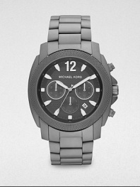 A sleek, titanium chronograph design with matte gunmetal plating and a knurled dial.Chronograph movementRound bezelWater resistant to 10ATMDate display at 3 o'clock Second handStainless steel case: 47mm(1.85)Imported