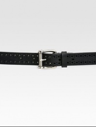 Perforated leather with a square buckle and embossed Gucci logo.Palladium hardwareLeatherAbout 1 wideMade in Italy