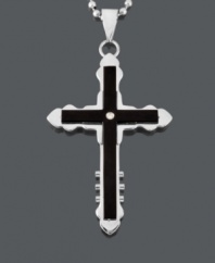 Present yourself in symbolic style. Men's necklace features a bold cross pendant crafted in stainless steel with a black ion-plated stainless steel inlay. Strung on matching stainless steel bead chain. Approximate length: 24 inches. Approximate drop width: 1/2 inch. Approximate drop length: 1-1/10 inches.
