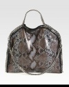 Whip stitched link chains accent this faux python print style.Double chain top handles, 4½ dropChain shoulder strap, 10½ dropMagnetic snap closureOne inside zip pocketFully lined14W X 13H X 3DMade in Italy