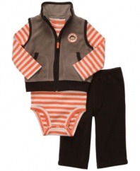 Keep him comfy and in full playtime mode with this cute 3-piece bodysuit, fleece vest and fleece pant set from Carter's.
