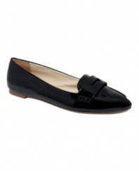 Shine on! Patent leather lends a glossy finish to the ultra-trendy Lakota loafer flats by Kelsi Dagger. A pointed-toe silhouette and slim design soften their masculine influence.