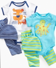 Show off his softer side with either one of these cute bodysuit, pant and hat sets from First Impressions.