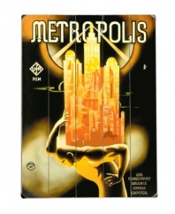 A movie poster turned wooden sign for the 1927 release of Metropolis – a German film set in a future Utopian landscape – continues to intrigue viewers today. Perfect for science fiction buffs.