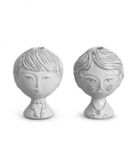 About vase. Jonathan Adler gives you two looks in one with the reversible Utopia Boy and Girl bud vase, featuring beautiful faces in glazed stoneware.