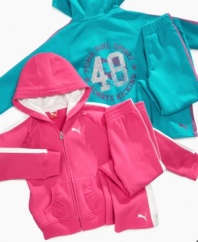 Spice up her sporty style with these colorful hoodie and pants combos from Puma.