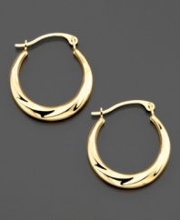 You'll love the swirly style of these classic small gold hoop earrings crafted in 14k gold. Approximate diameter: 1/2 inch.
