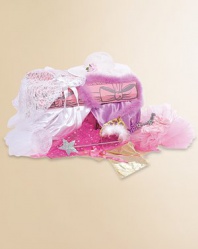 Fairy tales come true with this pretty, pretty princess-inspired dress up trunk. Includes 2 dresses in pink and white, 2 sashes in silver and gold, a magic wand, tutu, boa, hat, veil, and more.Suitable for ages 3 and upImported