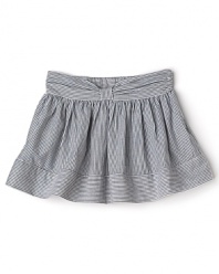 Playtime just got more dressy with this charming striped skirt by Pearls & Popcorn. A front bow detail adds flair, while a back elastic waist makes for easy wear.