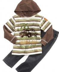 Monster style. Get him revved up to go out and play in this layered hooded shirt and jeans combo from Nannette.