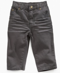 Jazz up his jean collection with a pair of these whiskered denim pants from First Impressions.