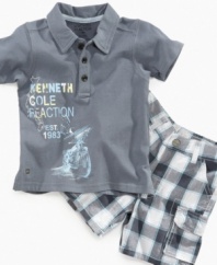 The obvious cool factor. Prep him for all the attention he'll get int his polo shirt and plaid short set from Kenneth Cole.