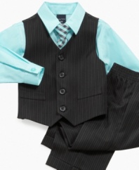 Sharp dressed man. It's a cinch to get him all dapper with this four-piece shirt, vest, pant and tie set from Nautica.