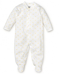 An adorable three-quarter sleeve footie in yellow duck print.