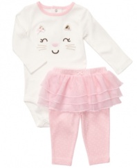 Put on a happy face. She'll sport a smile all day in this cute, kitty-themed bodysuit and legging set from Carter's.