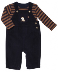 He'll be as happy as a waggly puppy in this cute, comfy striped shirt and overall set from Carter's.