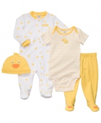 Here a quack, there a quack, everywhere a quack-quack. Their outfit will be as fun as their personality with this 4-piece bodysuit, pant, coverall and hat set from Carter's.