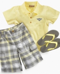 Suiting up for the surf won't be a problem thanks to this polo shirt, plaid shorts and sandals set from Kids Headquarters.