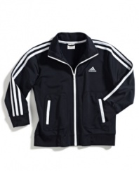 Get on track. He can keep his wardrobe on a steady roll with this track jacket from adidas, a sleek, sporty style.